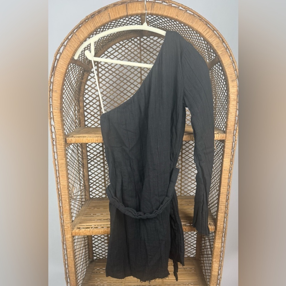 Free People One Shoulder Belted Mini Dress Black Gauze Boho Sz S EUC - Picture 5 of 7